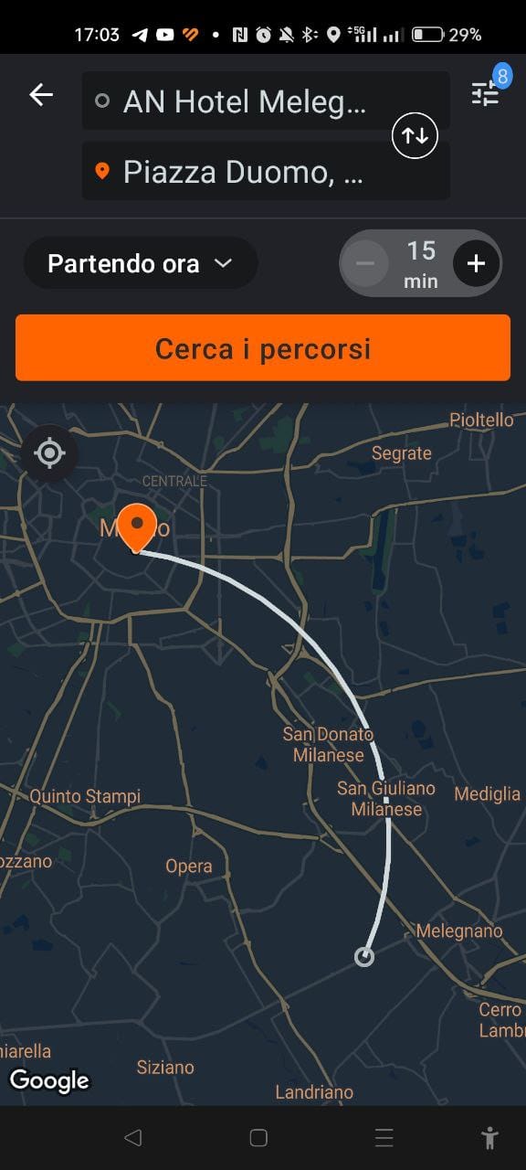 Schermata moovit app milano, per raggiungere milano da an hotel melegnano