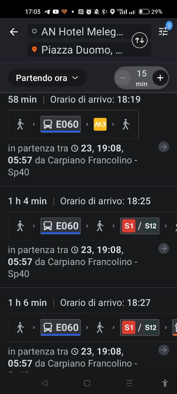Schermata moovit app milano, con le tempistiche in tempo reale aggiornate per raggiungere piazza duomo a milano da an hotel melegnano